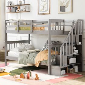 Stairway Twin-Over-Twin Bunk Bed with Storage and Guard Rail for Bedroom, Dorm (Color: Gray)