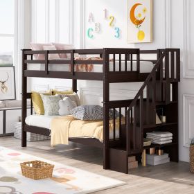 Stairway Twin-Over-Twin Bunk Bed with Storage and Guard Rail for Bedroom, Dorm (Color: Espresso)